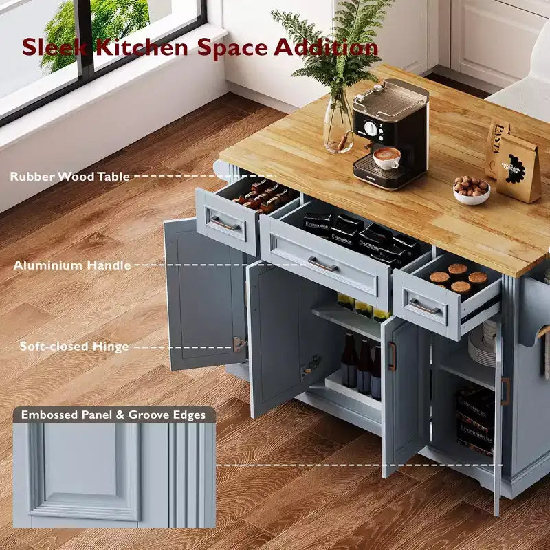 GDFStudio Gaius 54 Isola da Cucina con Piano a Ribalta in Legno di Gomma, Ruote, 4 Ante e 3 Cassetti