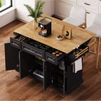 GDFStudio Gaius 54 Isola da Cucina con Piano a Ribalta in Legno di Gomma, Ruote, 4 Ante e 3 Cassetti