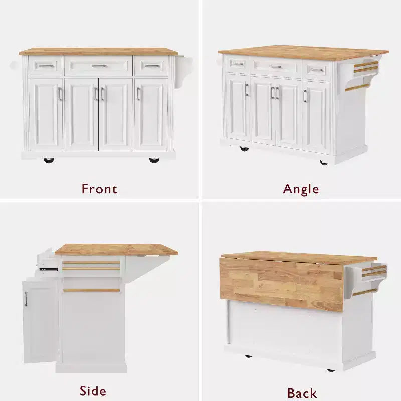 GDFStudio Gaius 54 Isola da Cucina con Piano a Ribalta in Legno di Gomma, Ruote, 4 Ante e 3 Cassetti