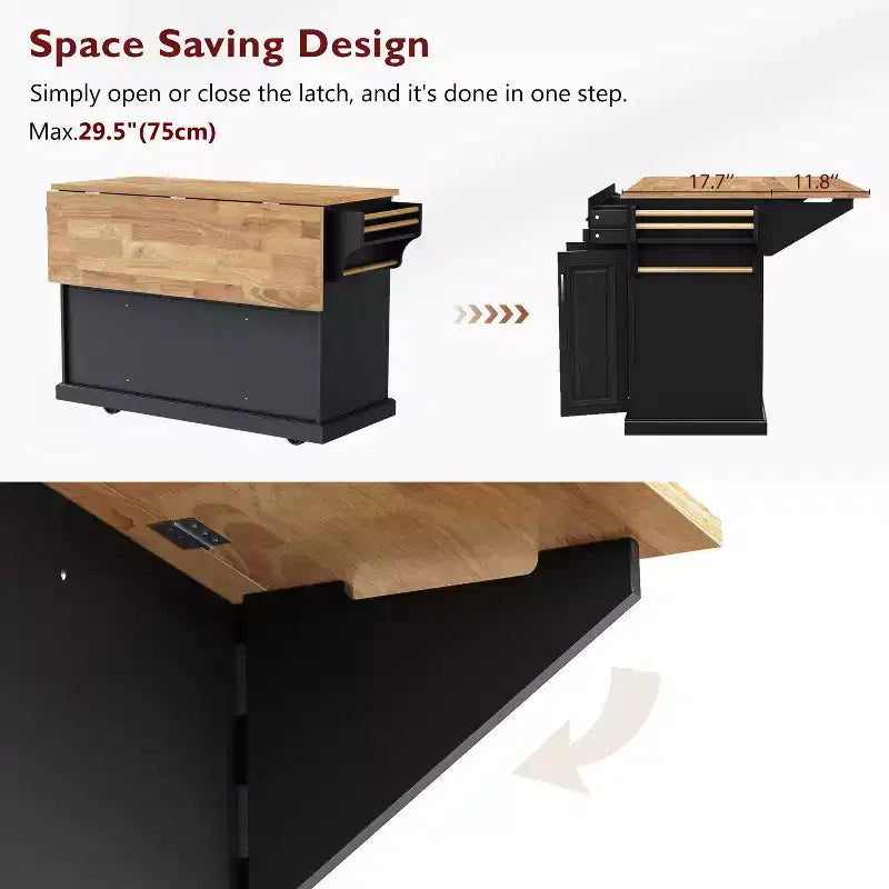 GDFStudio Gaius 54 Isola da Cucina con Piano a Ribalta in Legno di Gomma, Ruote, 4 Ante e 3 Cassetti