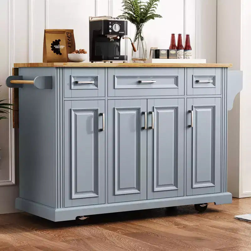 GDFStudio Gaius 54 Isola da Cucina con Piano a Ribalta in Legno di Gomma, Ruote, 4 Ante e 3 Cassetti