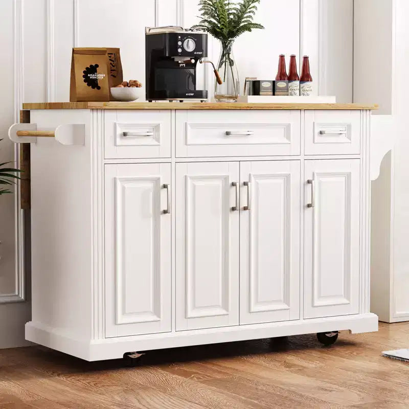 GDFStudio Gaius 54 Isola da Cucina con Piano a Ribalta in Legno di Gomma, Ruote, 4 Ante e 3 Cassetti