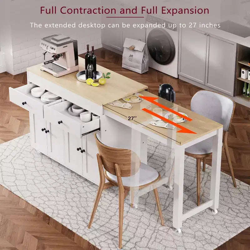 GDFStudio Galen 74.5 Isola da Cucina Mobile con Tavolo da Pranzo Estensibile, 2 Cassetti e Mobile a 4 Ante