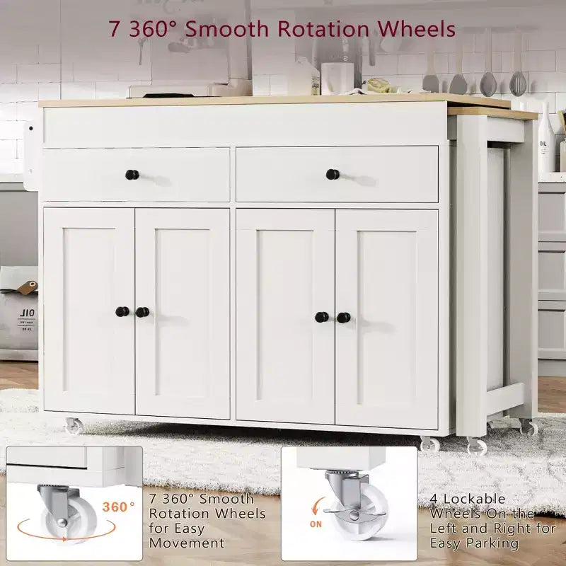 GDFStudio Galen 74.5 Isola da Cucina Mobile con Tavolo da Pranzo Estensibile, 2 Cassetti e Mobile a 4 Ante