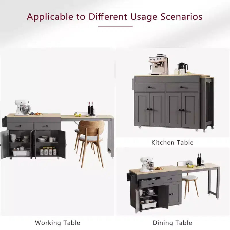 GDFStudio Galen 74.5 Isola da Cucina Mobile con Tavolo da Pranzo Estensibile, 2 Cassetti e Mobile a 4 Ante