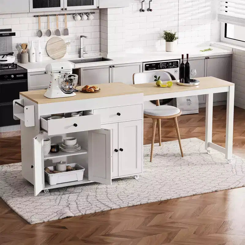 GDFStudio Galen 74.5 Isola da Cucina Mobile con Tavolo da Pranzo Estensibile, 2 Cassetti e Mobile a 4 Ante