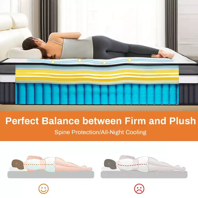 Materasso Queen da 14 pollici, materasso ibrido in memory foam con gel in scatola, supporto a molle insacchettate con isolamento del movimento e sollievo dalla pressione, rigidità media, CertiPUR-US