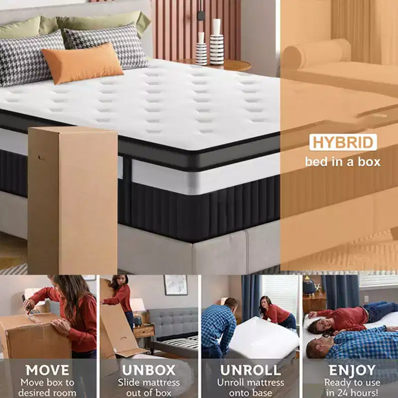Materasso Queen da 14 pollici, materasso ibrido in memory foam con gel in scatola, supporto a molle insacchettate con isolamento del movimento e sollievo dalla pressione, rigidità media, CertiPUR-US