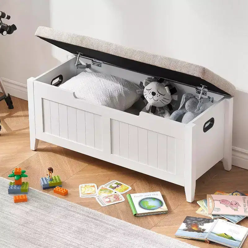 Panca contenitore da 39,4 pollici con cuscino, 2 cerniere di sicurezza, baule contenitore, panca porta scarpe per ingresso, soggiorno, camera da letto