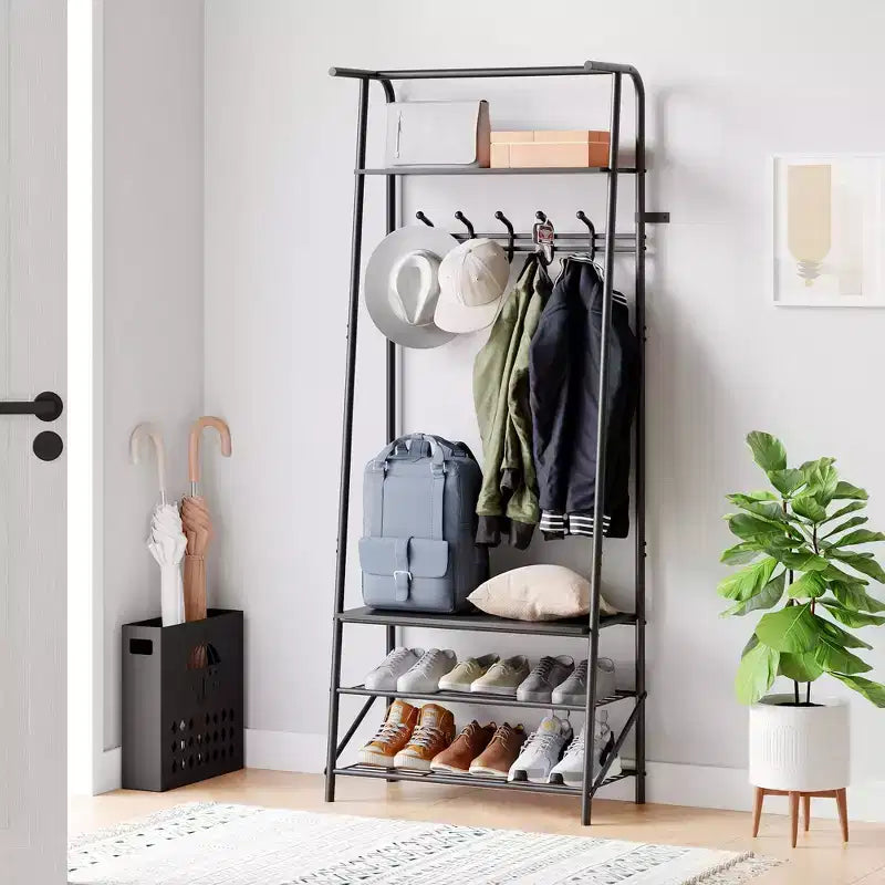 Appendiabiti da Ingresso Industriale con Ganci Doppi, Scarpiera a Panchina e Mensola Superiore - Robusto Appendiabiti con Panca in Metallo