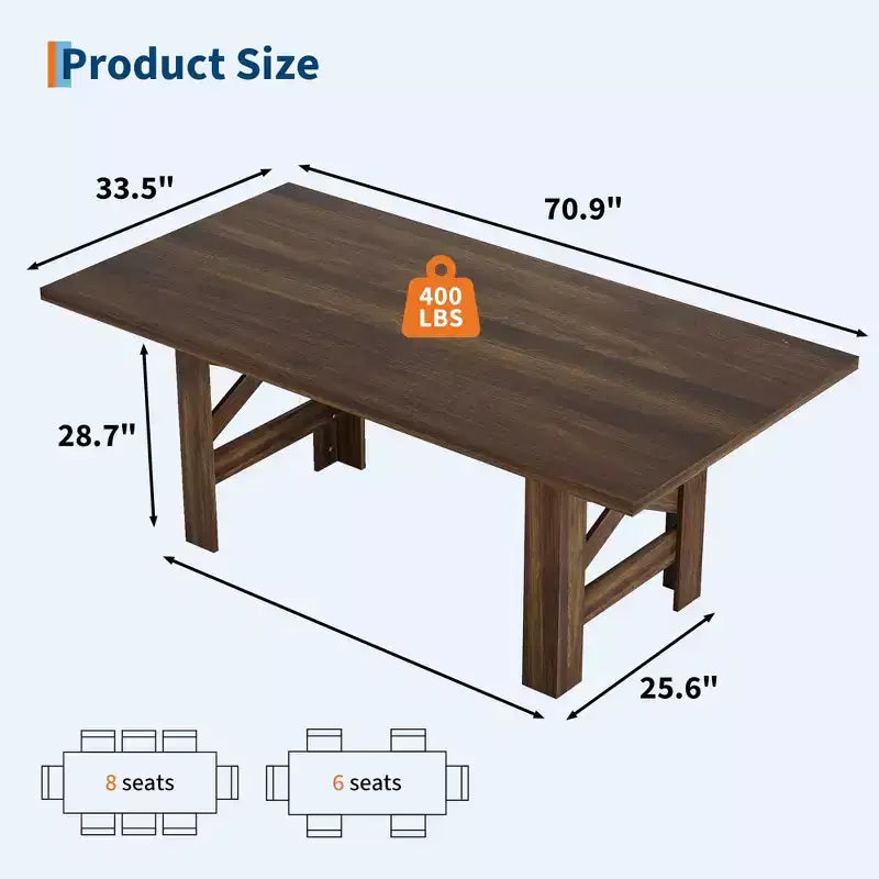 COZONY 71 Tavolo da pranzo rustico, tavolo da cucina rettangolare in legno stile Farmhouse per 6-8 persone, piano spesso rettangolare, base robusta