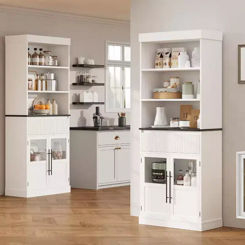 Mobile dispensa alto 70" con cassetto e ante in vetro, armadio contenitore da terra per bagno, ufficio, soggiorno, sala da pranzo, ingresso