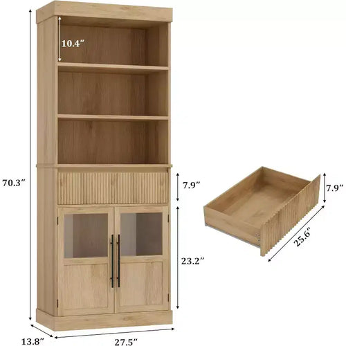 Mobile dispensa alto 70" con cassetto e ante in vetro, armadio contenitore da terra per bagno, ufficio, soggiorno, sala da pranzo, ingresso
