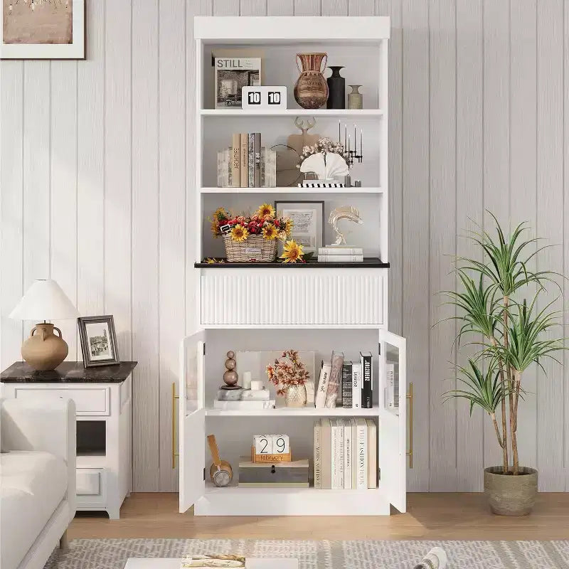 Mobile dispensa alto 70" con cassetto e ante in vetro, armadio contenitore da terra per bagno, ufficio, soggiorno, sala da pranzo, ingresso