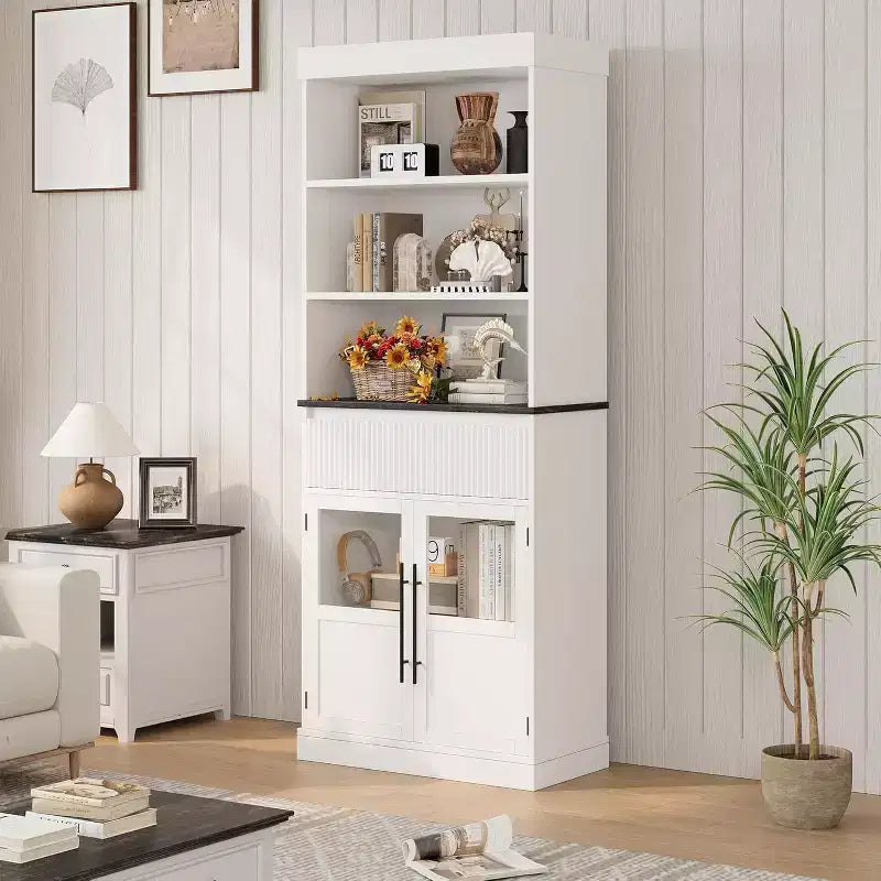 Mobile dispensa alto 70" con cassetto e ante in vetro, armadio contenitore da terra per bagno, ufficio, soggiorno, sala da pranzo, ingresso