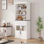 Mobile dispensa alto 70" con cassetto e ante in vetro, armadio contenitore da terra per bagno, ufficio, soggiorno, sala da pranzo, ingresso