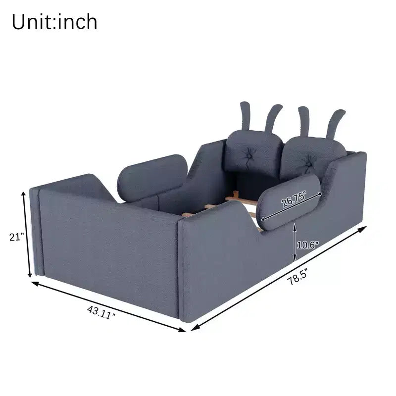 Okak Letti da terra moderni imbottiti a una piazza e mezza con cuscino a coniglio e sponde laterali rimovibili, letto a piattaforma in legno per cameretta dei bambini, camera da letto