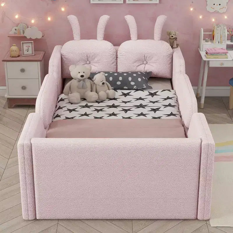 Okak Letti da terra moderni imbottiti a una piazza e mezza con cuscino a coniglio e sponde laterali rimovibili, letto a piattaforma in legno per cameretta dei bambini, camera da letto