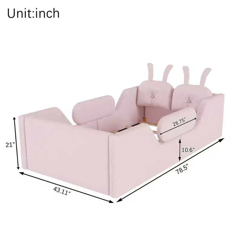 Okak Letti da terra moderni imbottiti a una piazza e mezza con cuscino a coniglio e sponde laterali rimovibili, letto a piattaforma in legno per cameretta dei bambini, camera da letto