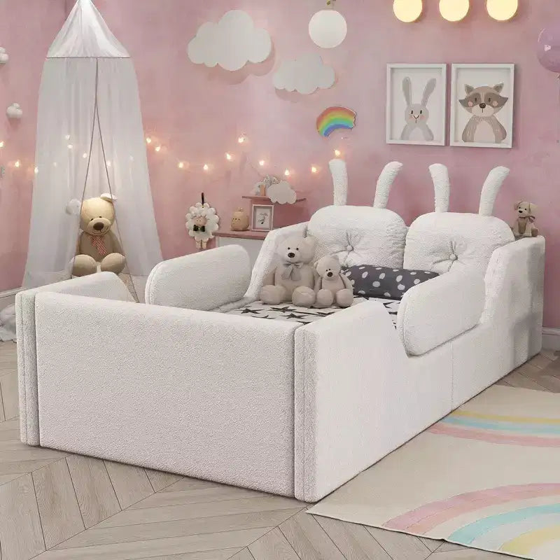 Okak Letti da terra moderni imbottiti a una piazza e mezza con cuscino a coniglio e sponde laterali rimovibili, letto a piattaforma in legno per cameretta dei bambini, camera da letto