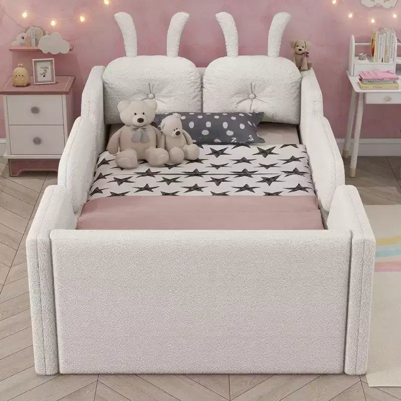 Okak Letti da terra moderni imbottiti a una piazza e mezza con cuscino a coniglio e sponde laterali rimovibili, letto a piattaforma in legno per cameretta dei bambini, camera da letto