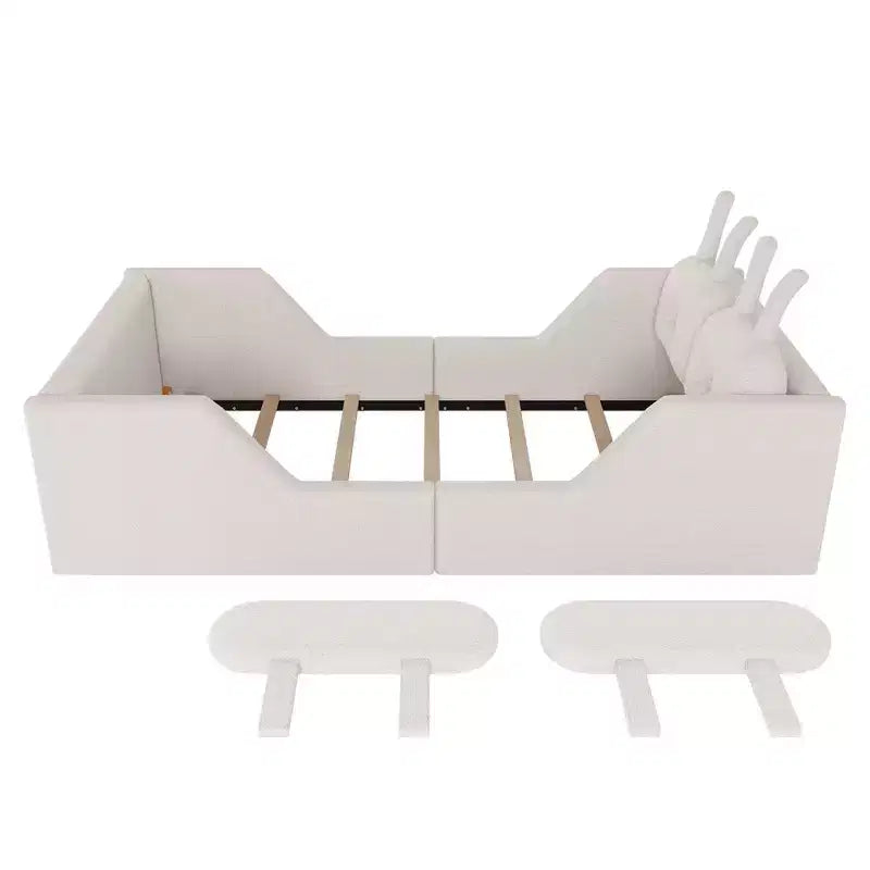 Okak Letti da terra moderni imbottiti a una piazza e mezza con cuscino a coniglio e sponde laterali rimovibili, letto a piattaforma in legno per cameretta dei bambini, camera da letto