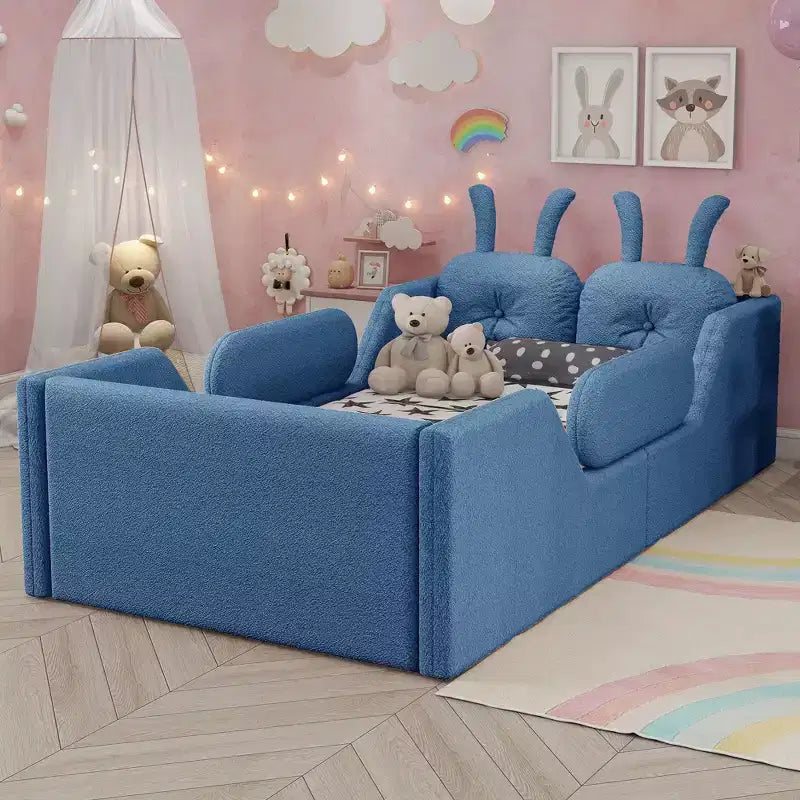 Okak Letti da terra moderni imbottiti a una piazza e mezza con cuscino a coniglio e sponde laterali rimovibili, letto a piattaforma in legno per cameretta dei bambini, camera da letto