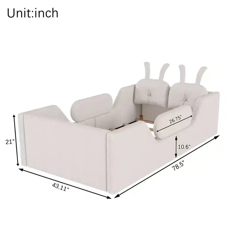 Okak Letti da terra moderni imbottiti a una piazza e mezza con cuscino a coniglio e sponde laterali rimovibili, letto a piattaforma in legno per cameretta dei bambini, camera da letto