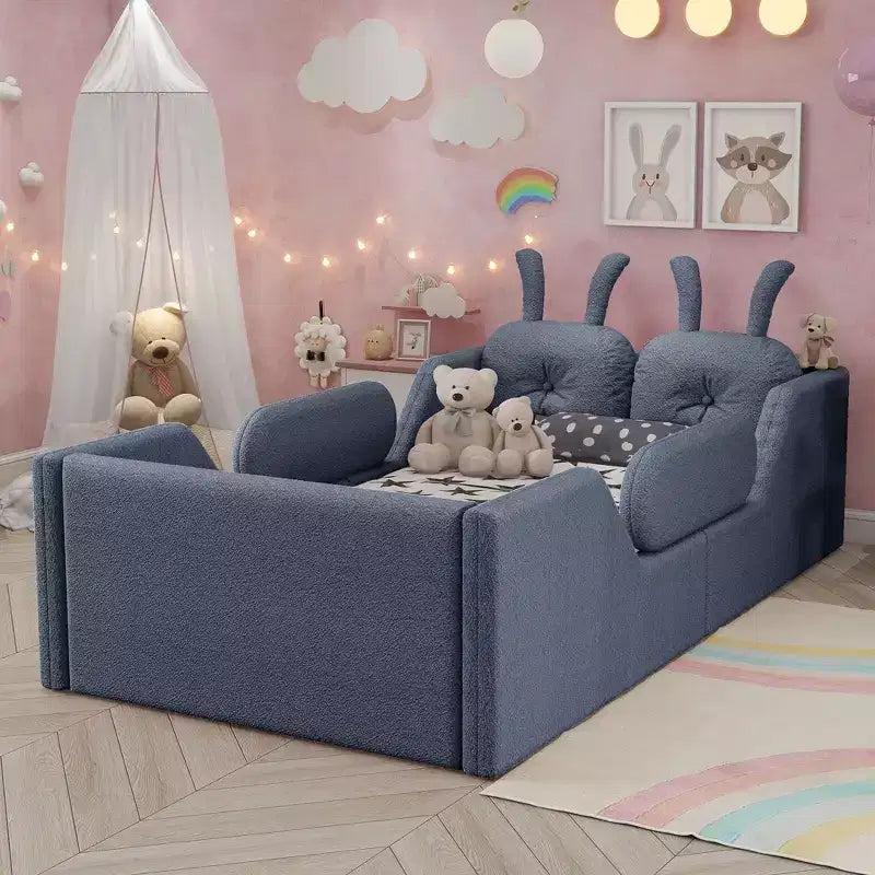 Okak Letti da terra moderni imbottiti a una piazza e mezza con cuscino a coniglio e sponde laterali rimovibili, letto a piattaforma in legno per cameretta dei bambini, camera da letto