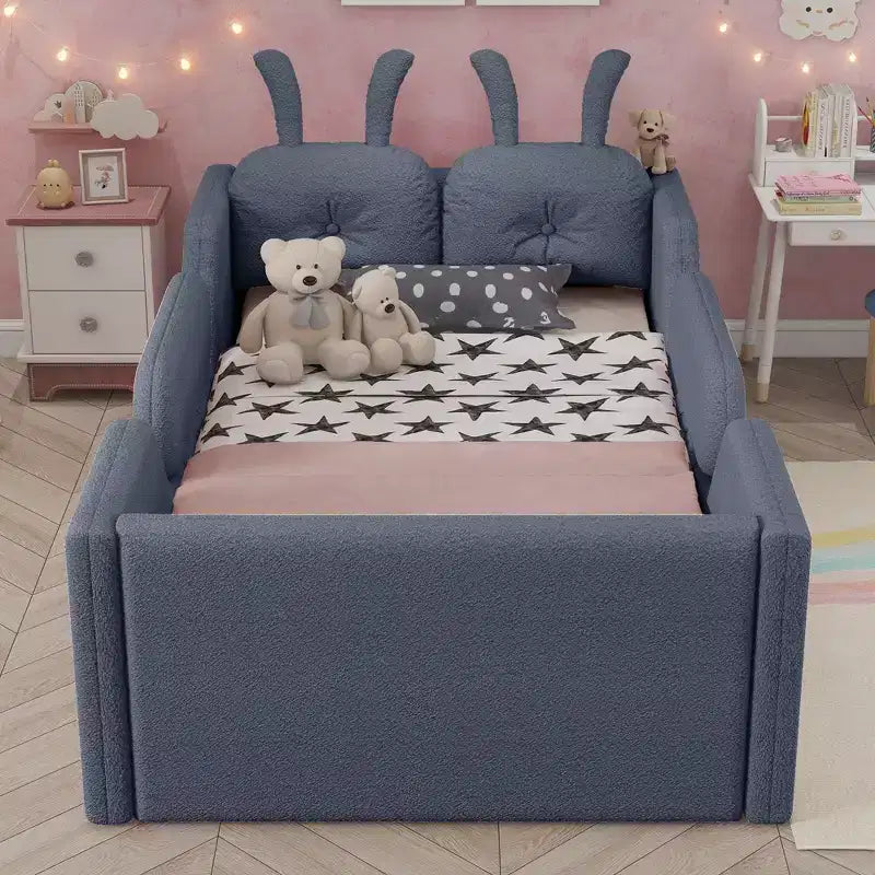 Okak Letti da terra moderni imbottiti a una piazza e mezza con cuscino a coniglio e sponde laterali rimovibili, letto a piattaforma in legno per cameretta dei bambini, camera da letto