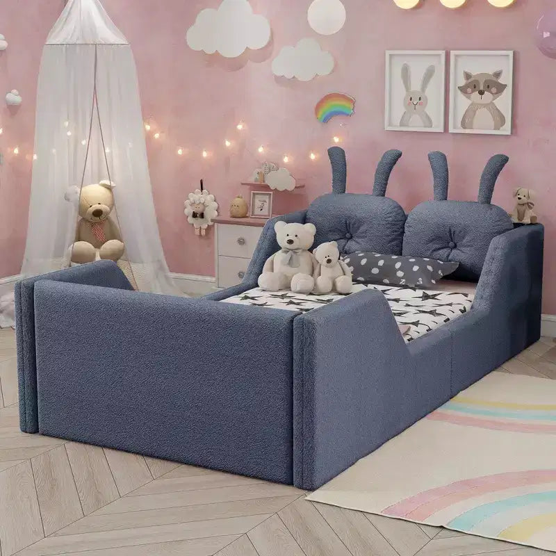 Okak Letti da terra moderni imbottiti a una piazza e mezza con cuscino a coniglio e sponde laterali rimovibili, letto a piattaforma in legno per cameretta dei bambini, camera da letto