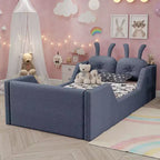 Okak Letti da terra moderni imbottiti a una piazza e mezza con cuscino a coniglio e sponde laterali rimovibili, letto a piattaforma in legno per cameretta dei bambini, camera da letto