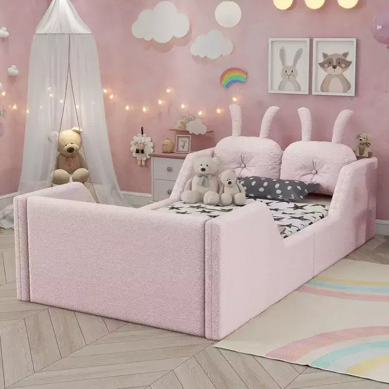 Okak Letti da terra moderni imbottiti a una piazza e mezza con cuscino a coniglio e sponde laterali rimovibili, letto a piattaforma in legno per cameretta dei bambini, camera da letto