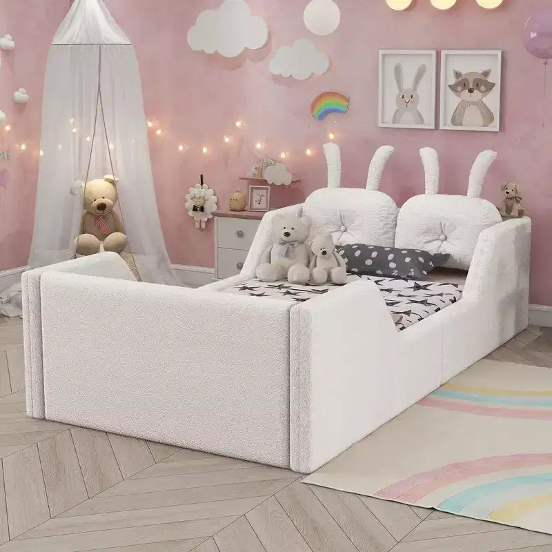 Okak Letti da terra moderni imbottiti a una piazza e mezza con cuscino a coniglio e sponde laterali rimovibili, letto a piattaforma in legno per cameretta dei bambini, camera da letto