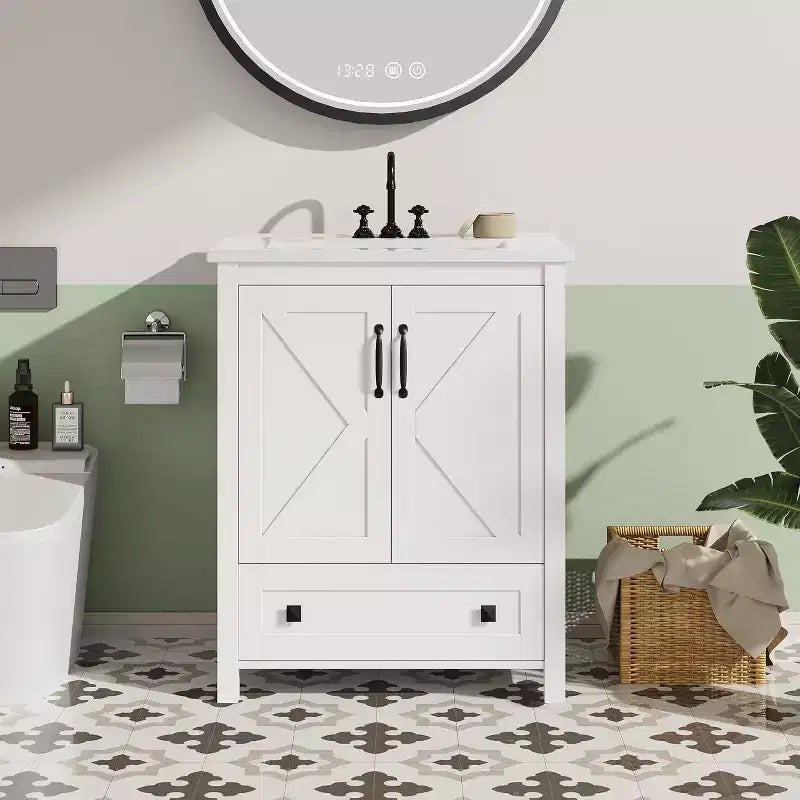 Mobile bagno da 60/75 cm con lavabo in ceramica, mobile bagno moderno con 2 ante e 1 cassetto, mobile bagno autoportante