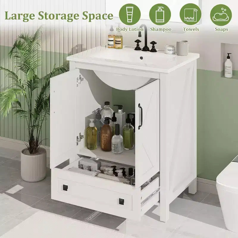 Mobile bagno da 60/75 cm con lavabo in ceramica, mobile bagno moderno con 2 ante e 1 cassetto, mobile bagno autoportante
