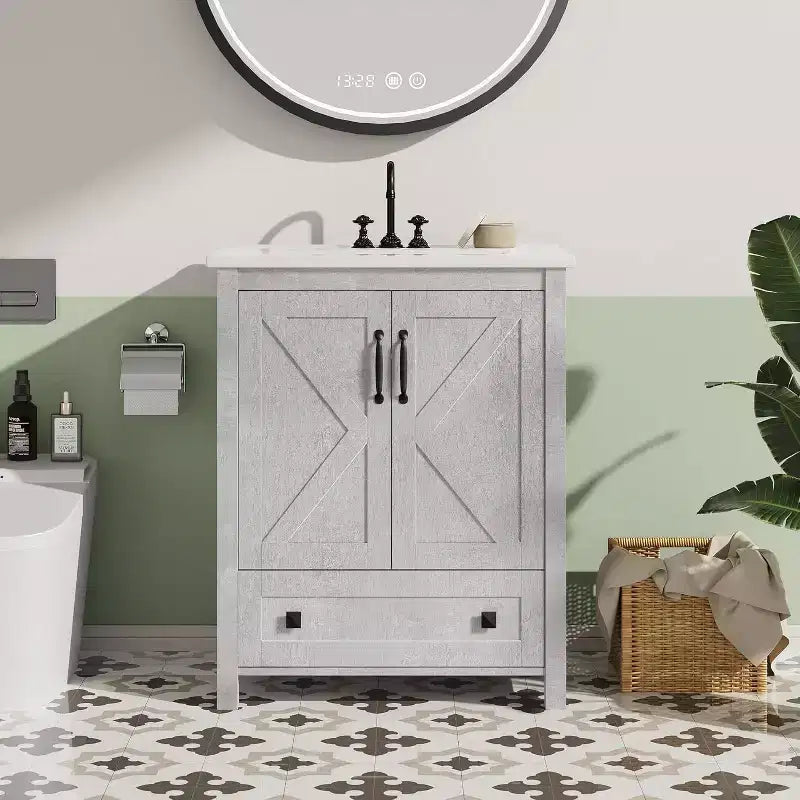 Mobile bagno da 60/75 cm con lavabo in ceramica, mobile bagno moderno con 2 ante e 1 cassetto, mobile bagno autoportante