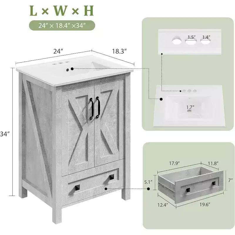 Mobile bagno da 60/75 cm con lavabo in ceramica, mobile bagno moderno con 2 ante e 1 cassetto, mobile bagno autoportante