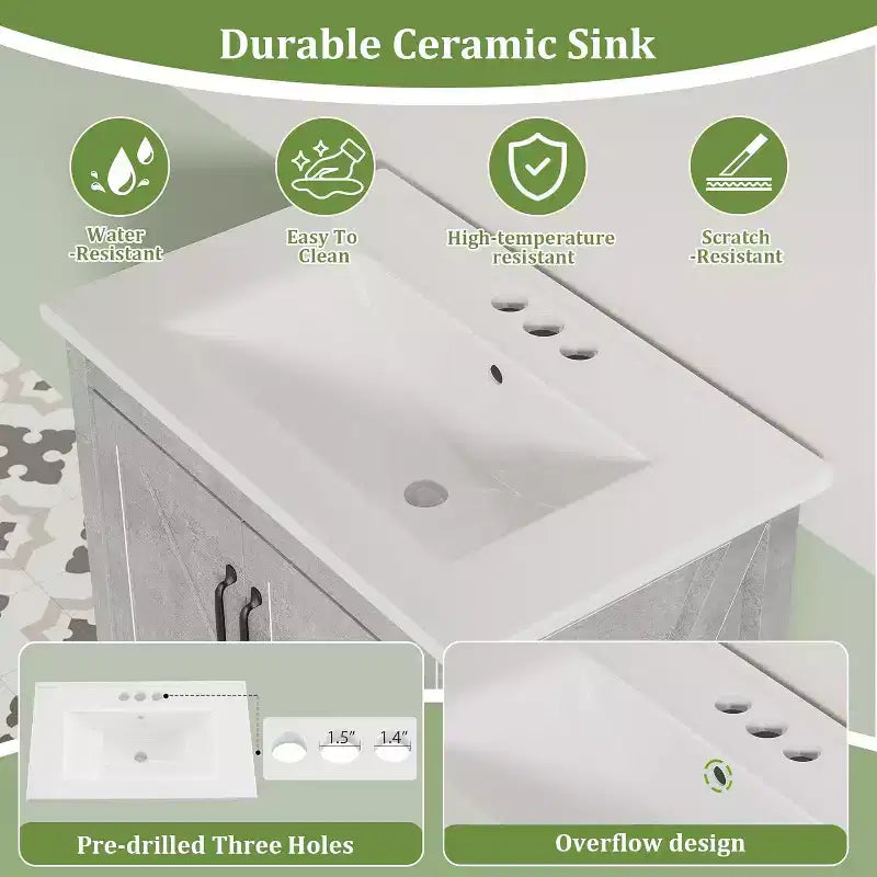Mobile bagno da 60/75 cm con lavabo in ceramica, mobile bagno moderno con 2 ante e 1 cassetto, mobile bagno autoportante