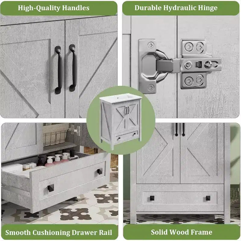 Mobile bagno da 60/75 cm con lavabo in ceramica, mobile bagno moderno con 2 ante e 1 cassetto, mobile bagno autoportante