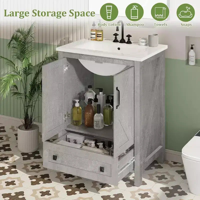Mobile bagno da 60/75 cm con lavabo in ceramica, mobile bagno moderno con 2 ante e 1 cassetto, mobile bagno autoportante