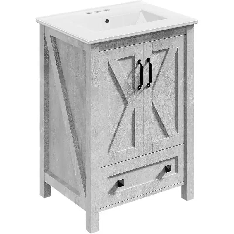 Mobile bagno da 60/75 cm con lavabo in ceramica, mobile bagno moderno con 2 ante e 1 cassetto, mobile bagno autoportante