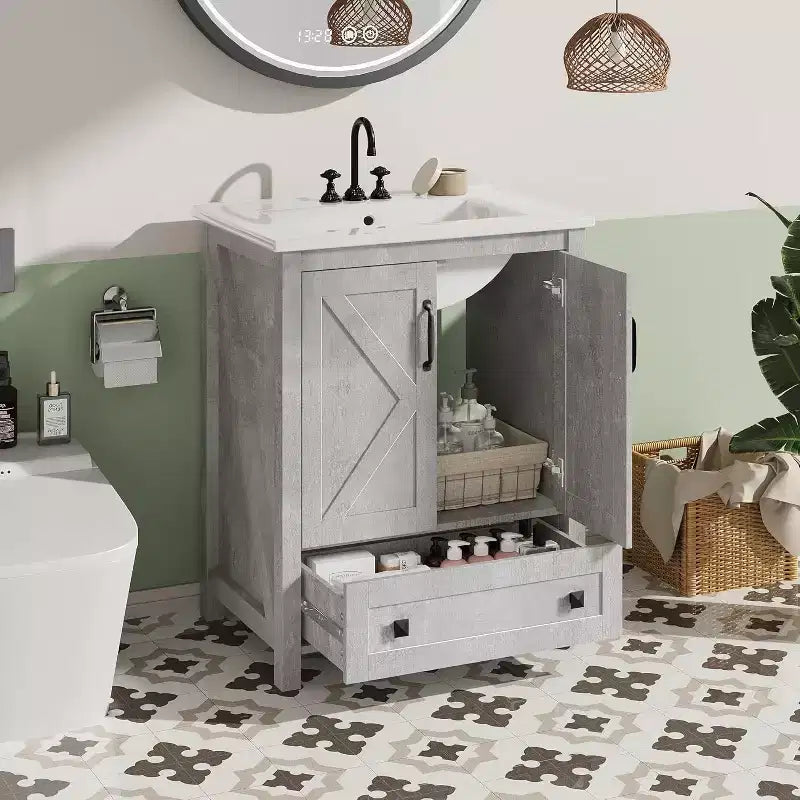 Mobile bagno da 60/75 cm con lavabo in ceramica, mobile bagno moderno con 2 ante e 1 cassetto, mobile bagno autoportante
