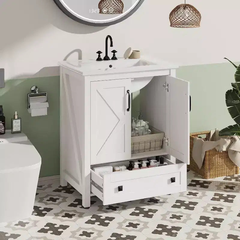 Mobile bagno da 60/75 cm con lavabo in ceramica, mobile bagno moderno con 2 ante e 1 cassetto, mobile bagno autoportante