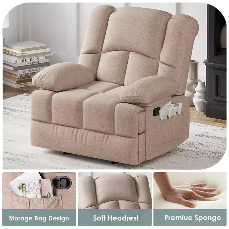 MAYEERTY Divano reclinabile a dondolo oversize in sabbia per adulti, ciniglia, ergonomico, perfetto per il soggiorno
