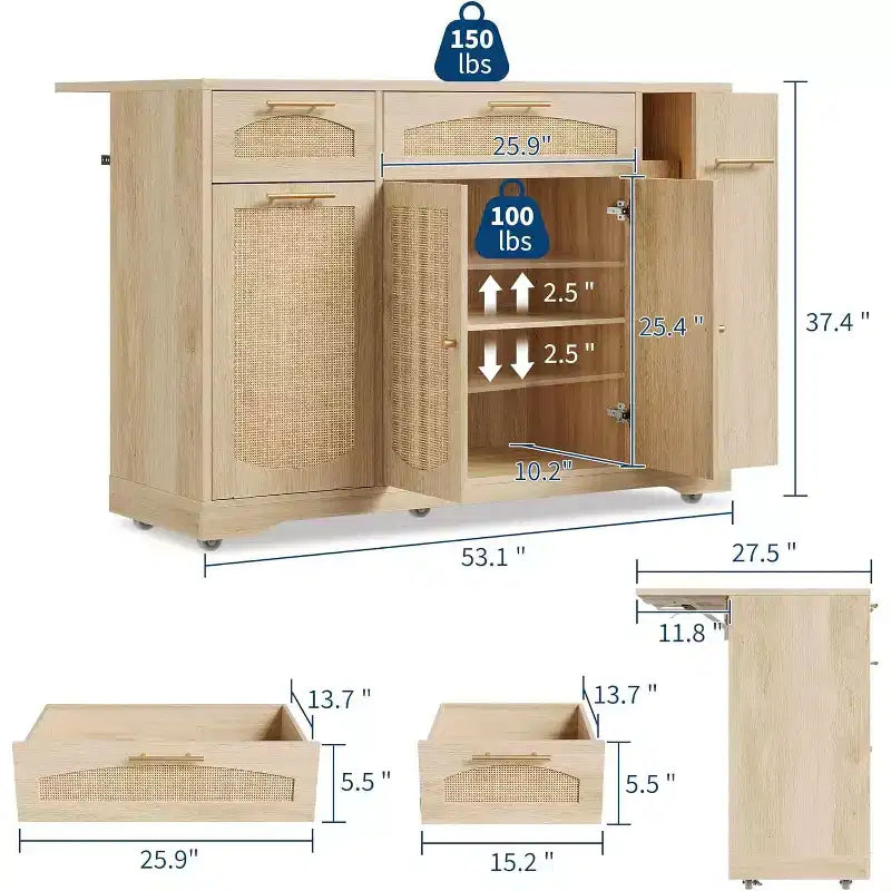 53 Isola Cucina con Anta a Ribalta, Isola Cucina su Ruote con Cestino Basculante, Mobile Contenitore, Portaspezie, 2 Cassetti, Tavolo Isola MobileCucina