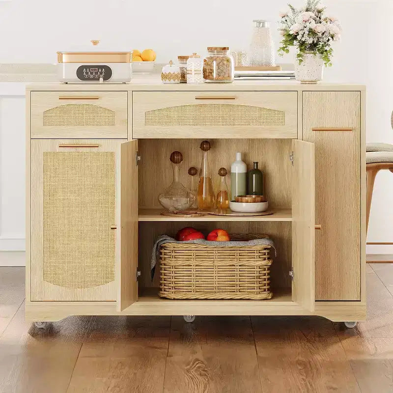 53 Isola Cucina con Anta a Ribalta, Isola Cucina su Ruote con Cestino Basculante, Mobile Contenitore, Portaspezie, 2 Cassetti, Tavolo Isola MobileCucina