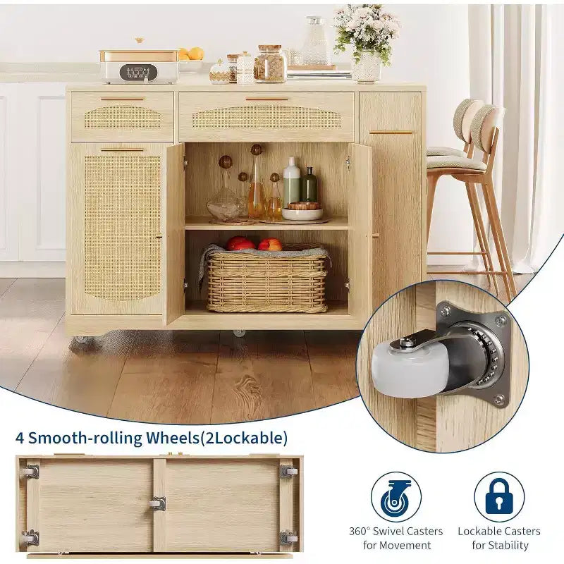 53 Isola Cucina con Anta a Ribalta, Isola Cucina su Ruote con Cestino Basculante, Mobile Contenitore, Portaspezie, 2 Cassetti, Tavolo Isola MobileCucina