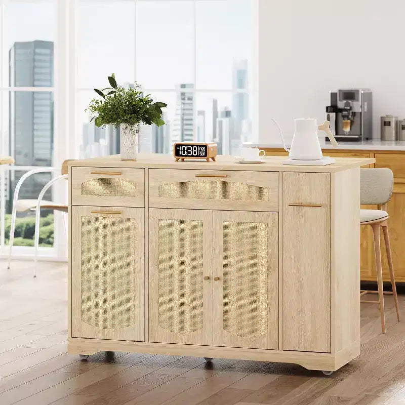 53 Isola Cucina con Anta a Ribalta, Isola Cucina su Ruote con Cestino Basculante, Mobile Contenitore, Portaspezie, 2 Cassetti, Tavolo Isola MobileCucina
