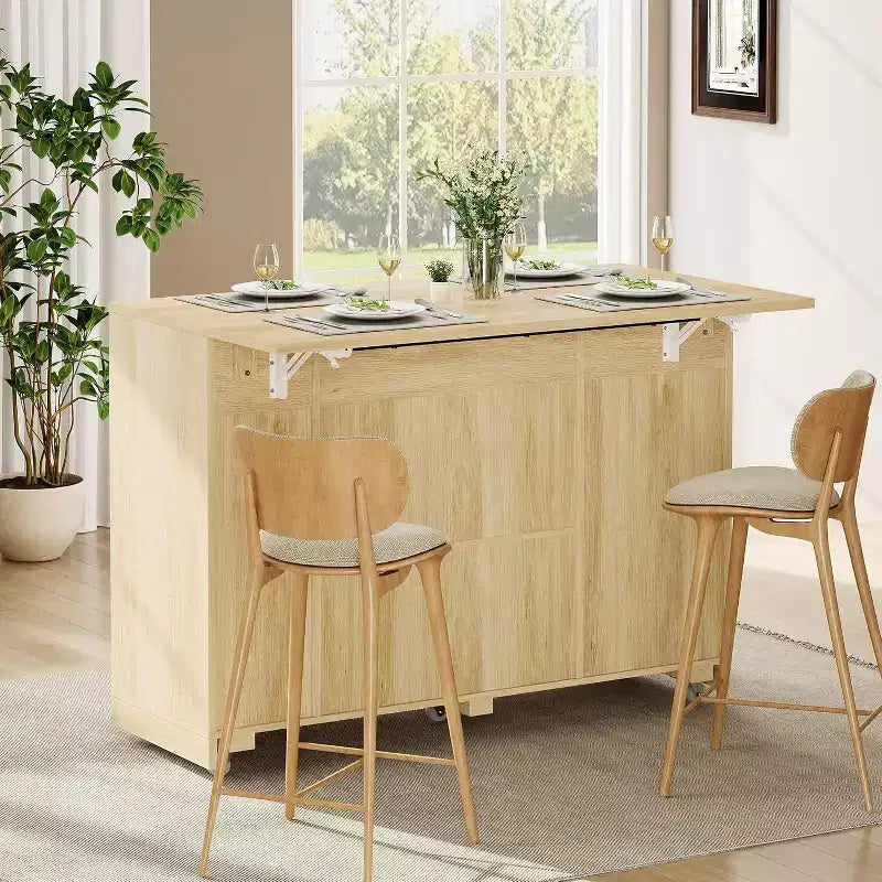 53 Isola Cucina con Anta a Ribalta, Isola Cucina su Ruote con Cestino Basculante, Mobile Contenitore, Portaspezie, 2 Cassetti, Tavolo Isola MobileCucina